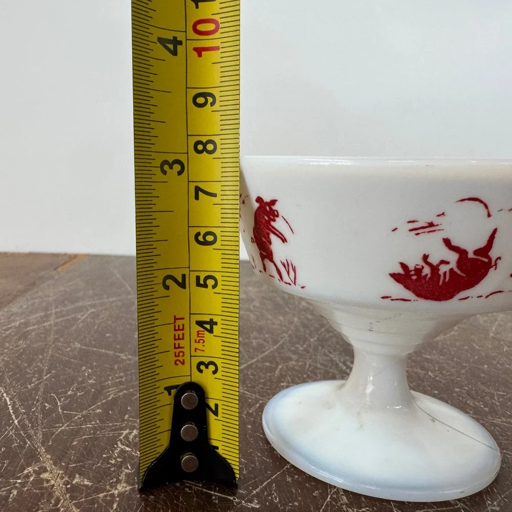 Hazel Atlas Milk‎ Glass Dancing Pigs Footed Dessert Bowl Red Ring of Fire
